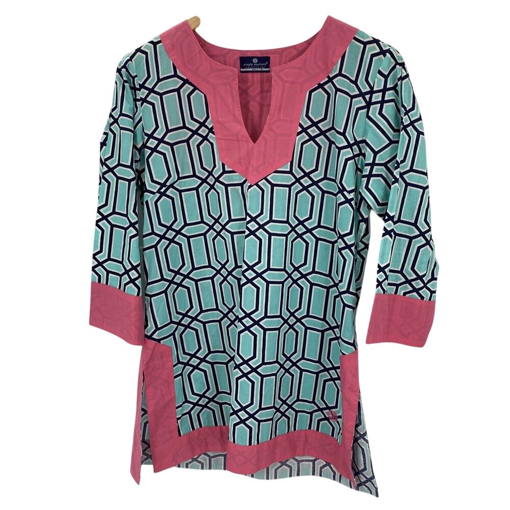 Simply Southern Tunic Womens Small Shirt Baklava Print Blue Pink Pullover